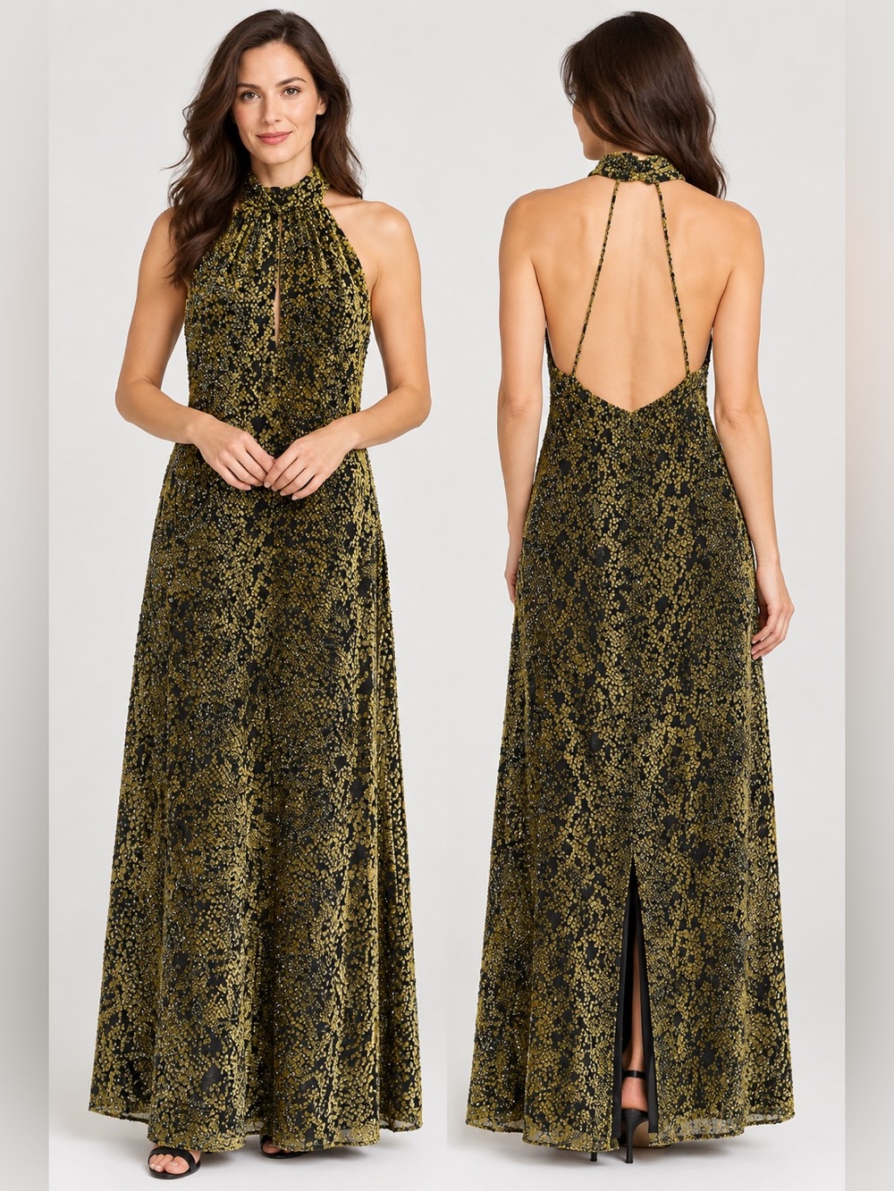 Vintage Kay Unger Black Gold Beaded Halter Maxi Dress Size 6 Velvet